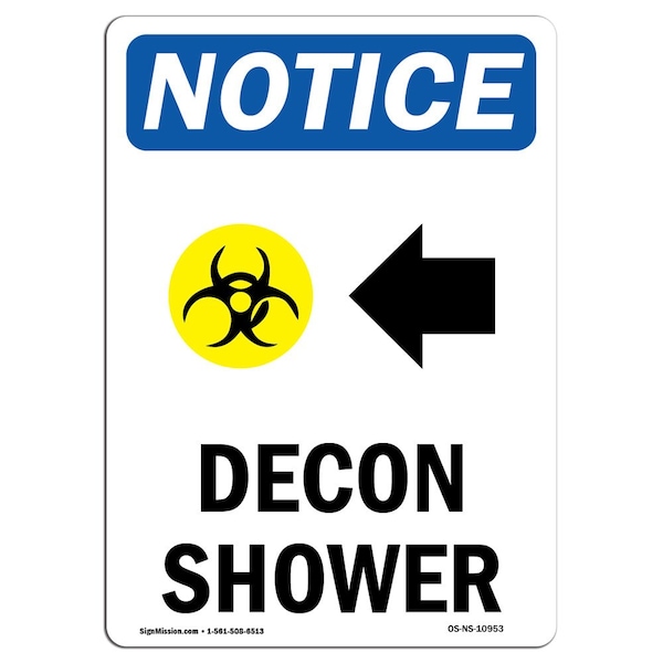 Safety Sign, OSHA Notice, 24" Height, Aluminum, Decon Shower (Left Arrow) Sign With Symbol, Portrait